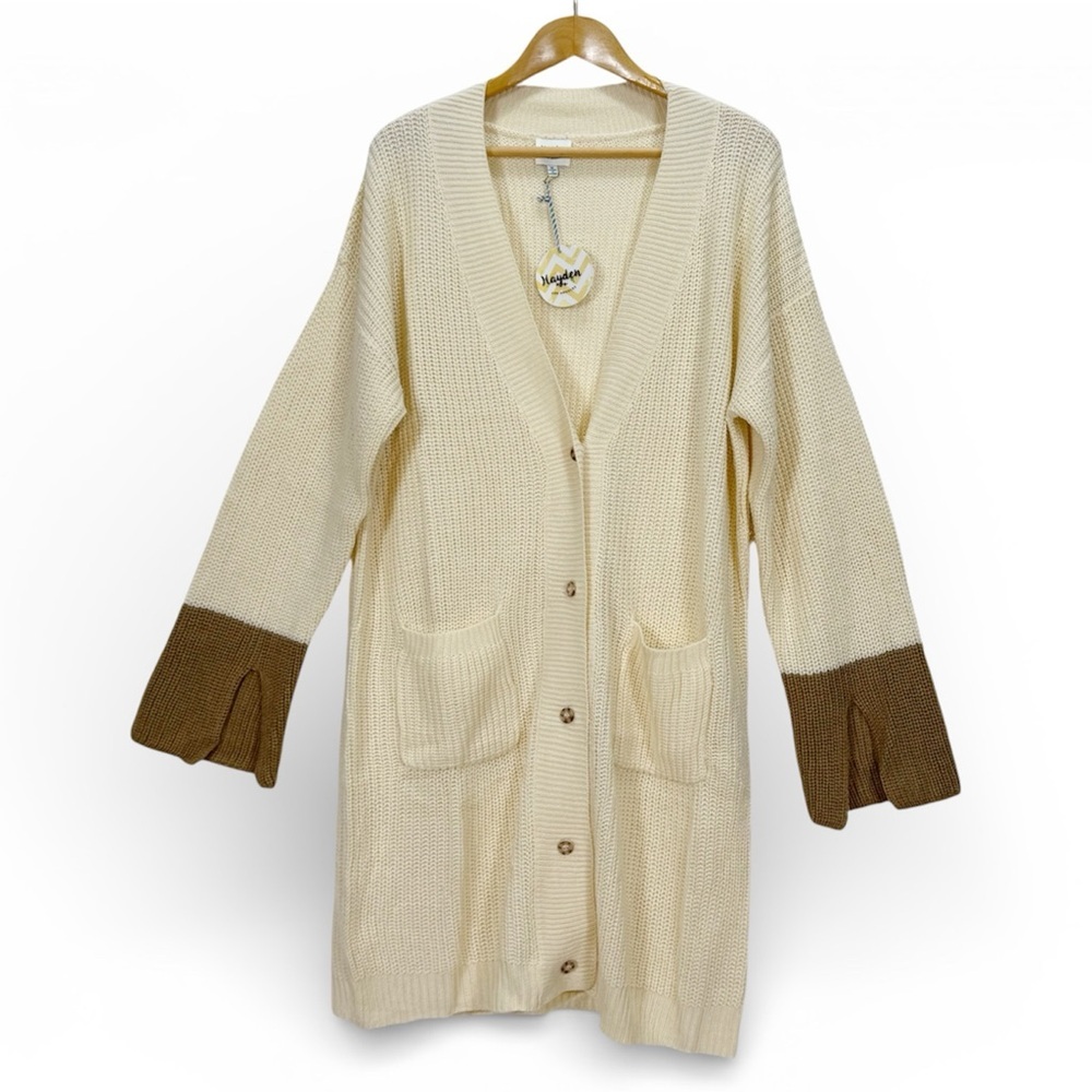 Hayden Los Angeles Cream Chunky Knit Long Cardigan Medium Women’s Colorblock
